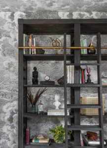 Wallpaper and Bookshelf Detail in Office | Alberta Tudor Remodel