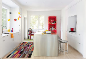 colorful white modern kitchen with stainless steel island