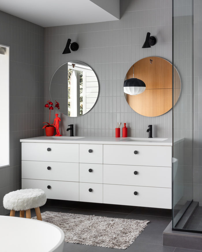 white and gray master bathroom vanity and shower