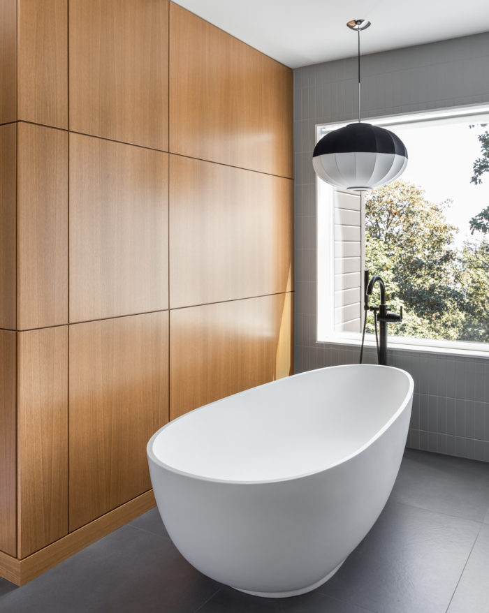 modern minimalist wood panel wall with bathtub