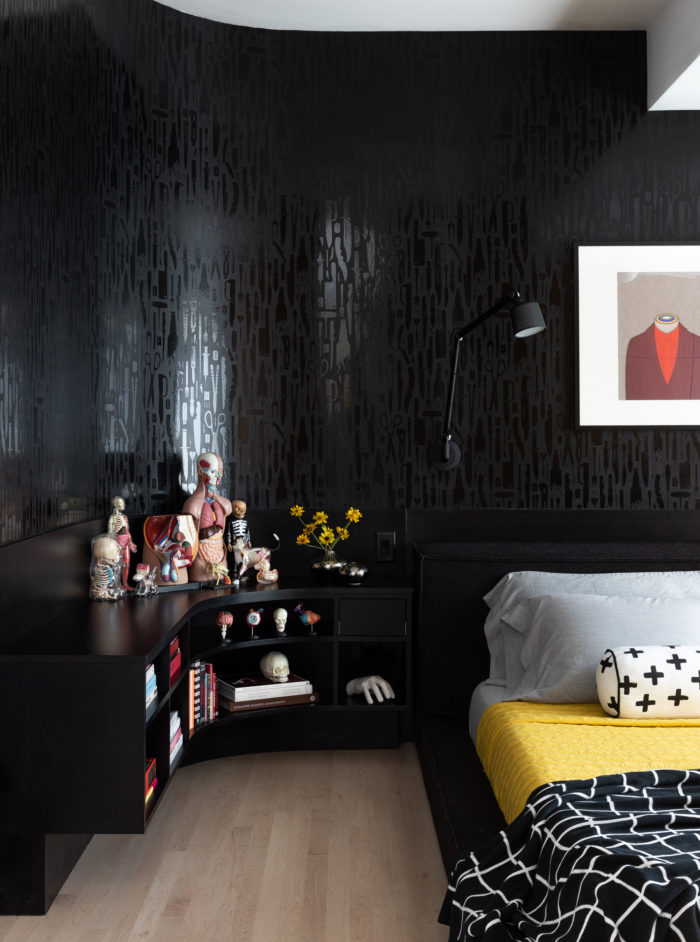 modern bedroom remodel with black wallpaper and unique decor
