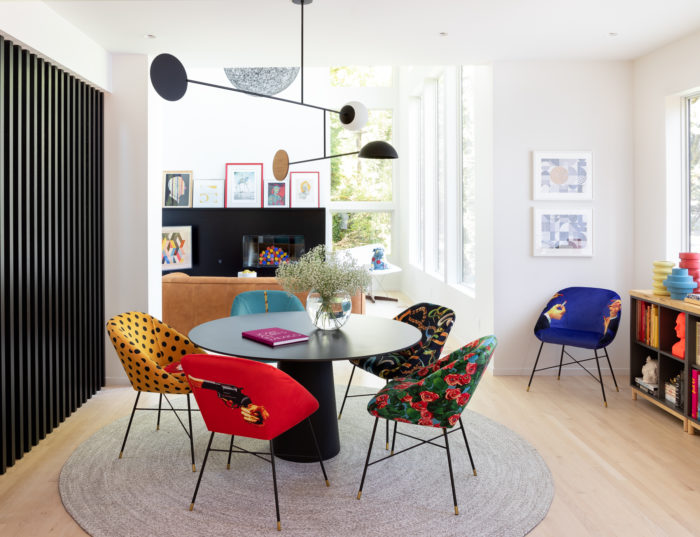 colorful modern dining room with bright furniture